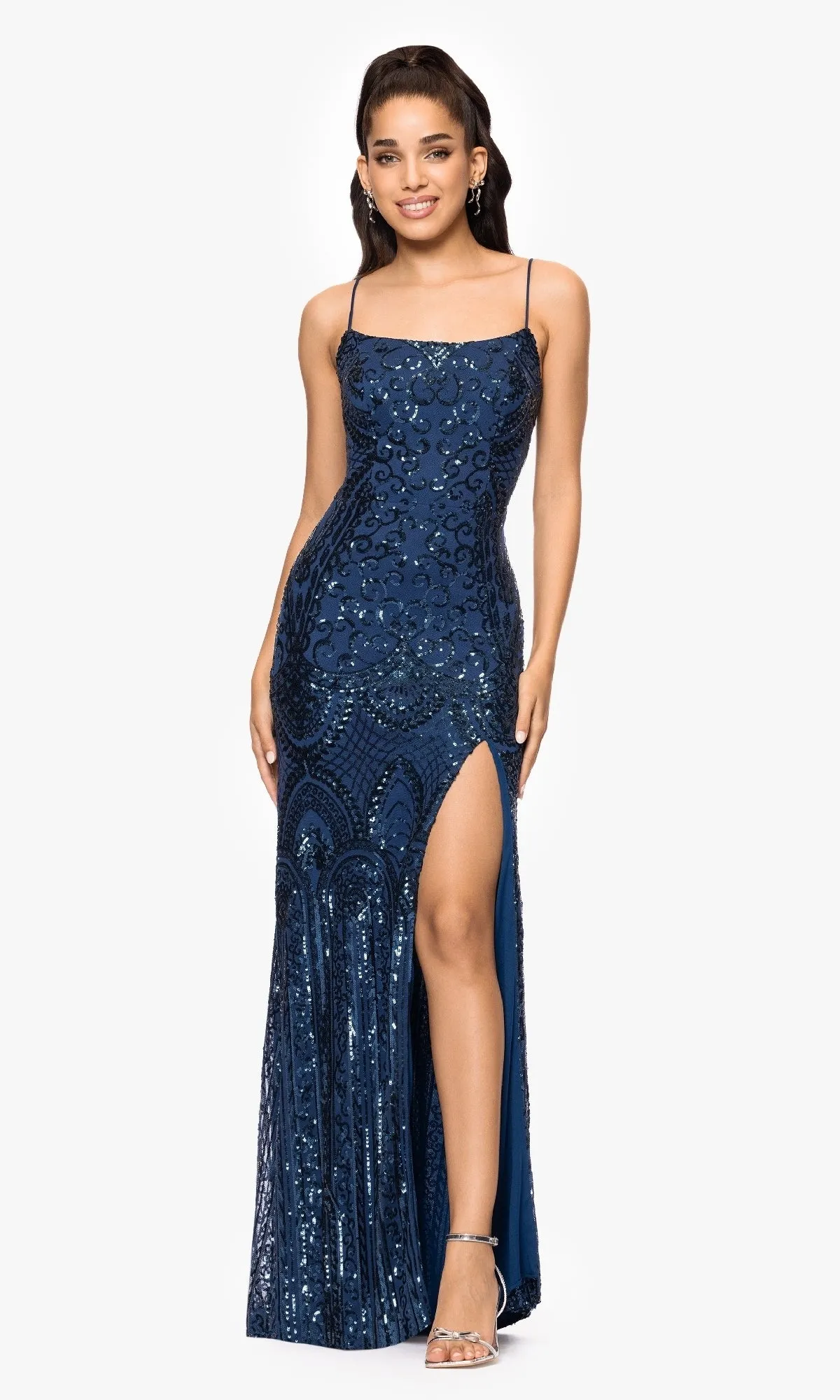 Long Sequin-Print Prom Dress: Blondie Nites 5377BN sold by PromGirl
