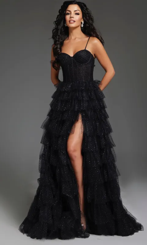 Tiered Ruffle Black Prom Ball Gown: Jovani 38278 sold by PromGirl