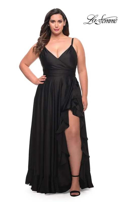 Long Plus-Size La Femme Prom Dress with Ruffle Hem sold by PromGirl