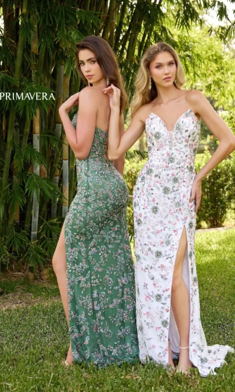 Long Sequin-Print Prom Dress: Primavera 4338 sold by PromGirl