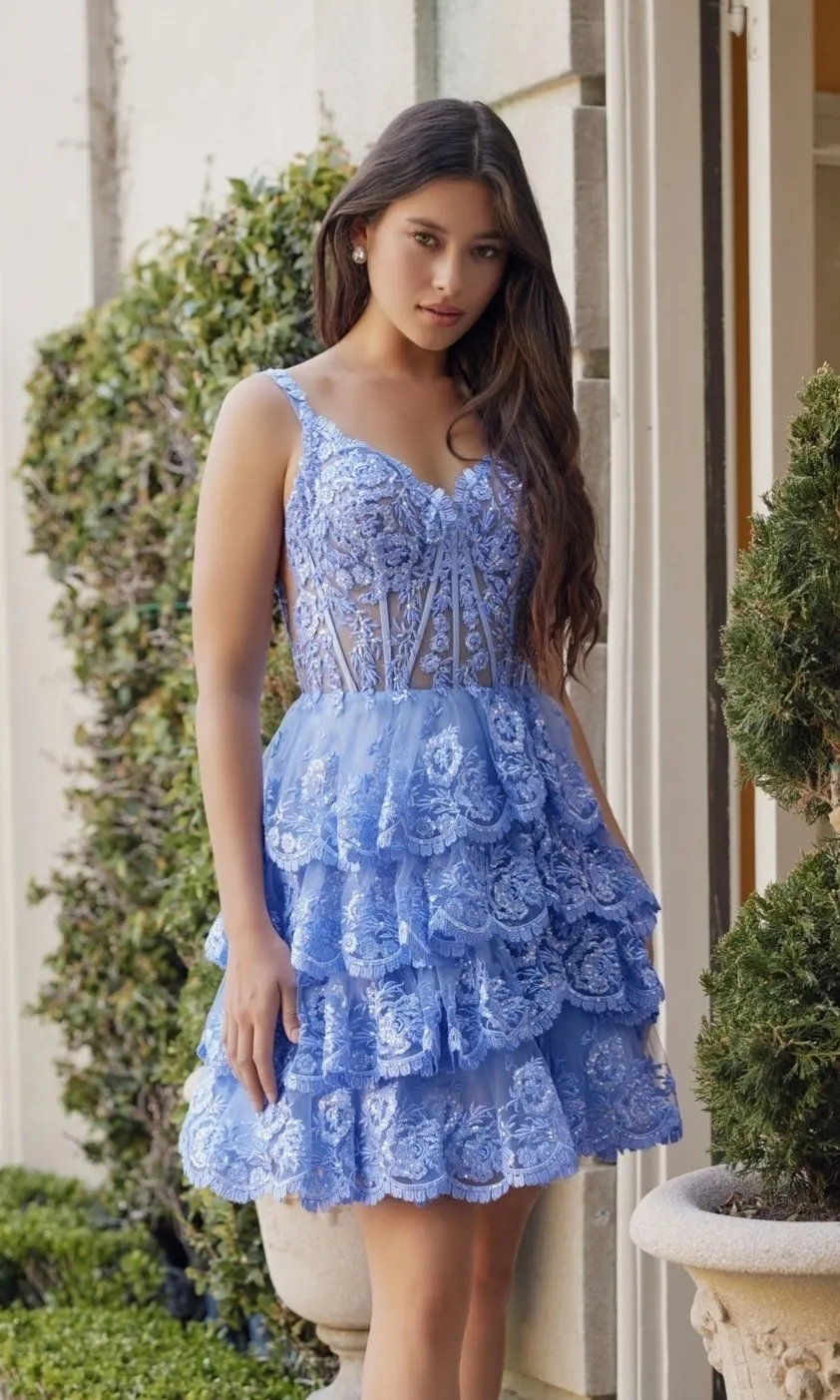 Short Ruffled Homecoming Dress: Nox Anabel R880 sold by PromGirl