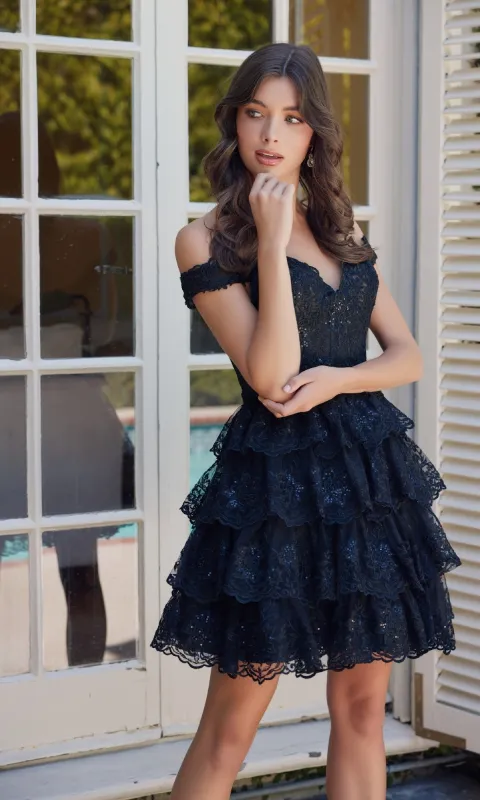 Short Ruffled Lace Hoco Dress: Nox Anabel R877 sold by PromGirl