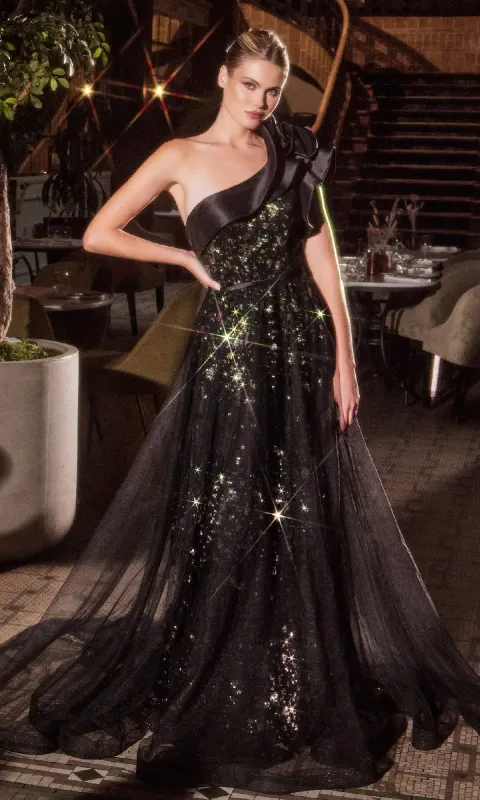 One-Shoulder Long Black Prom Dress: Ladivine CB157 sold by PromGirl