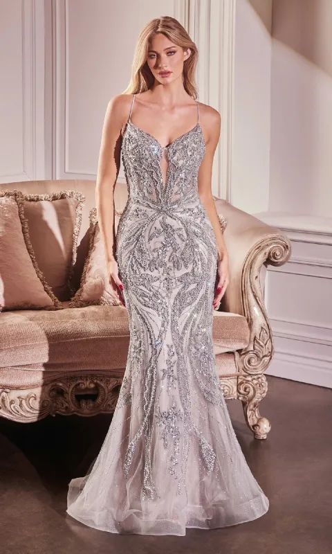 Long Beaded Silver Prom Dress: Ladivine CC0240 sold by PromGirl