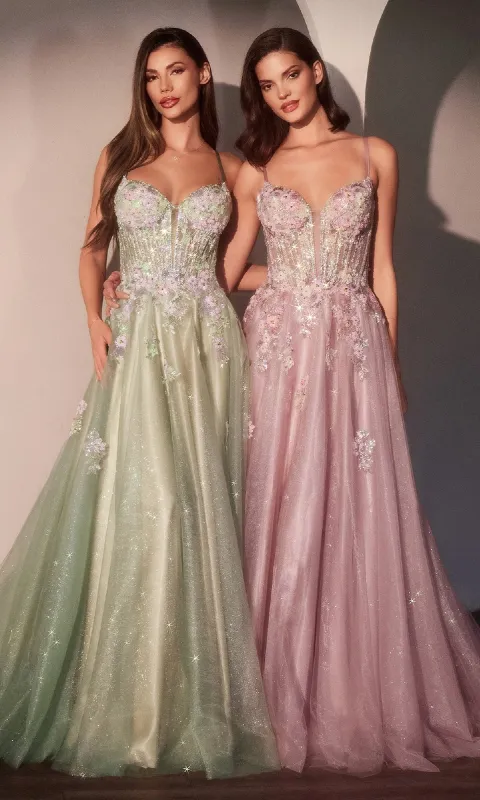 Long Glitter-Tulle Prom Dress: Ladivine CD740 sold by PromGirl