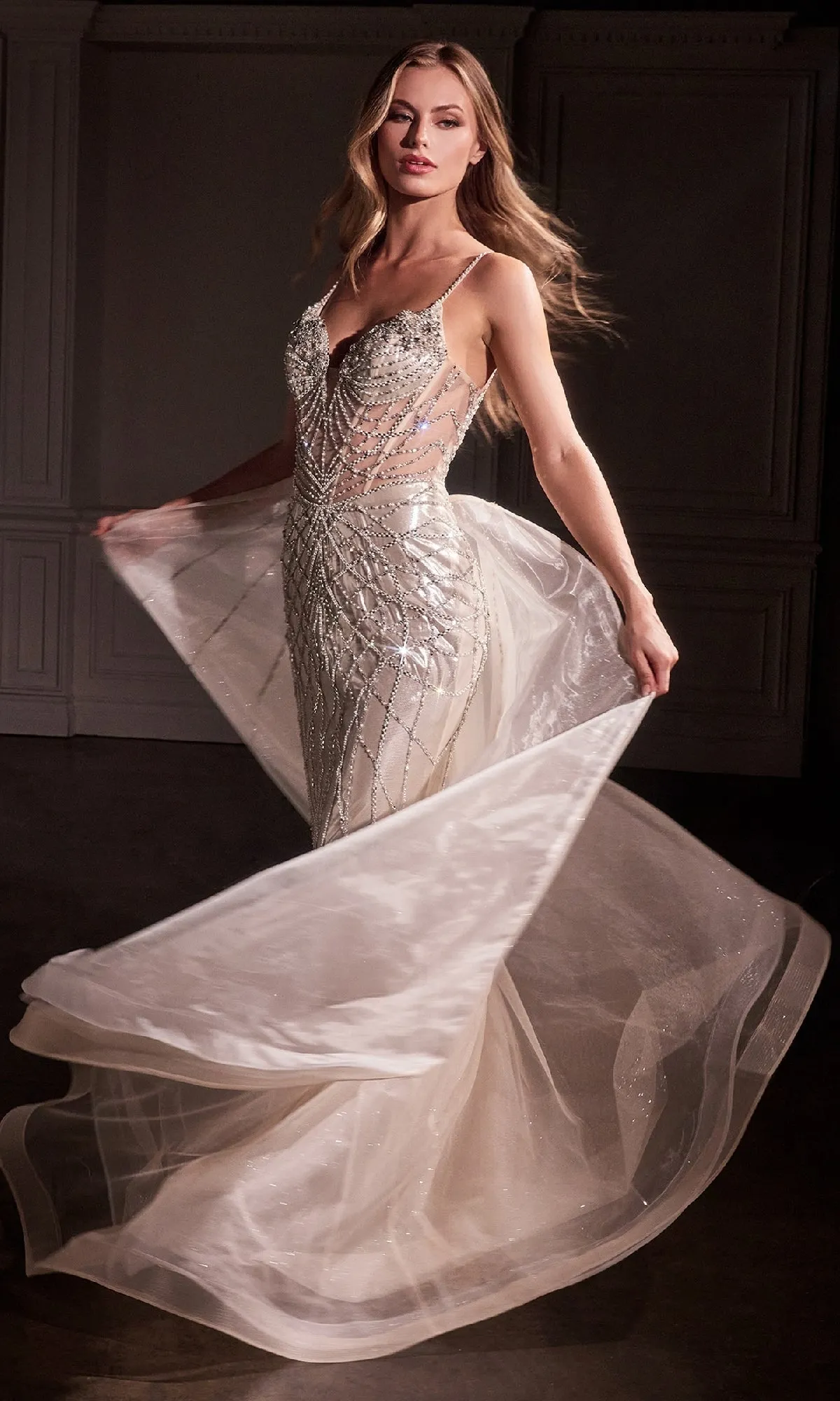 Overskirt Long Glitter Prom Dress: Ladivine CD763 sold by PromGirl