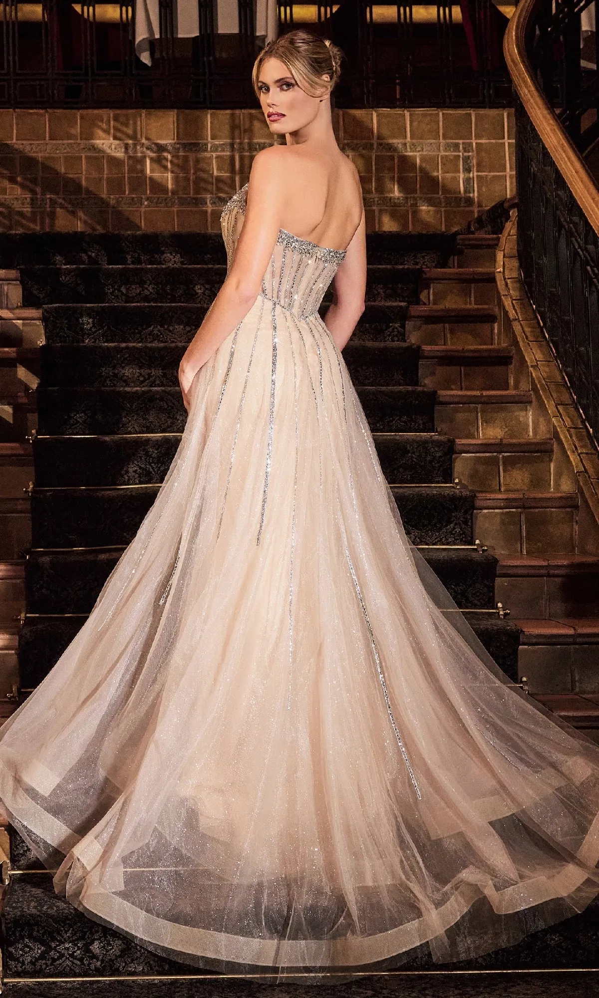 Strapless Glitter-Tulle Prom Gown: Ladivine CB158 sold by PromGirl product image thumbnail 2