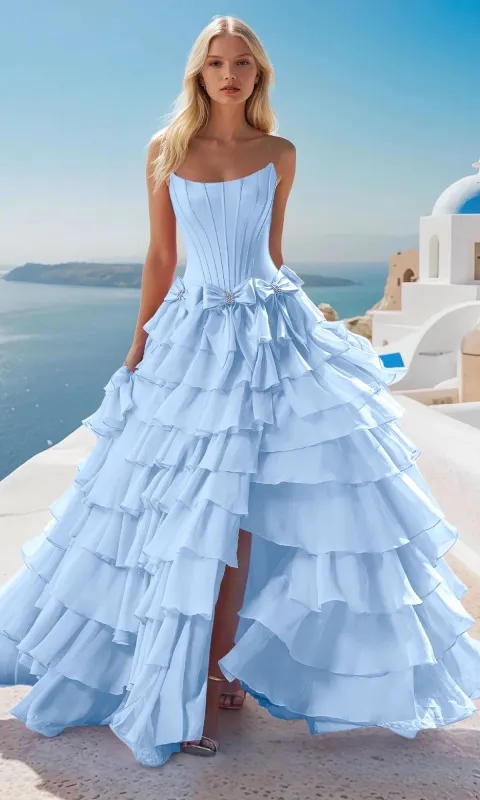 Tiered Prom Ball Gown with Bows: PromGirl Exclusive sold by PromGirl