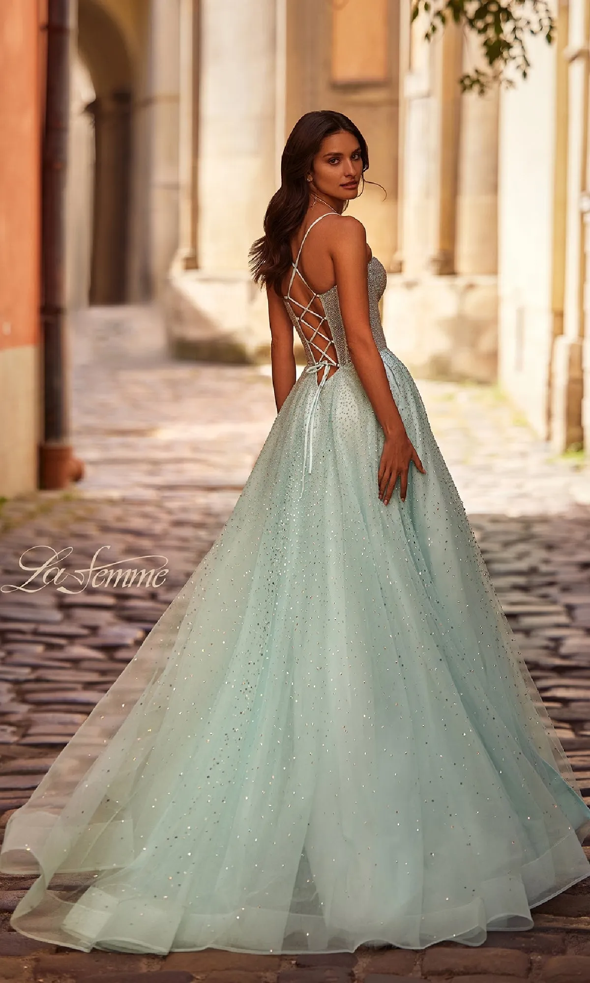 Lace-Up Beaded Long Prom Ball Gown: La Femme 32725 sold by PromGirl product image thumbnail 2