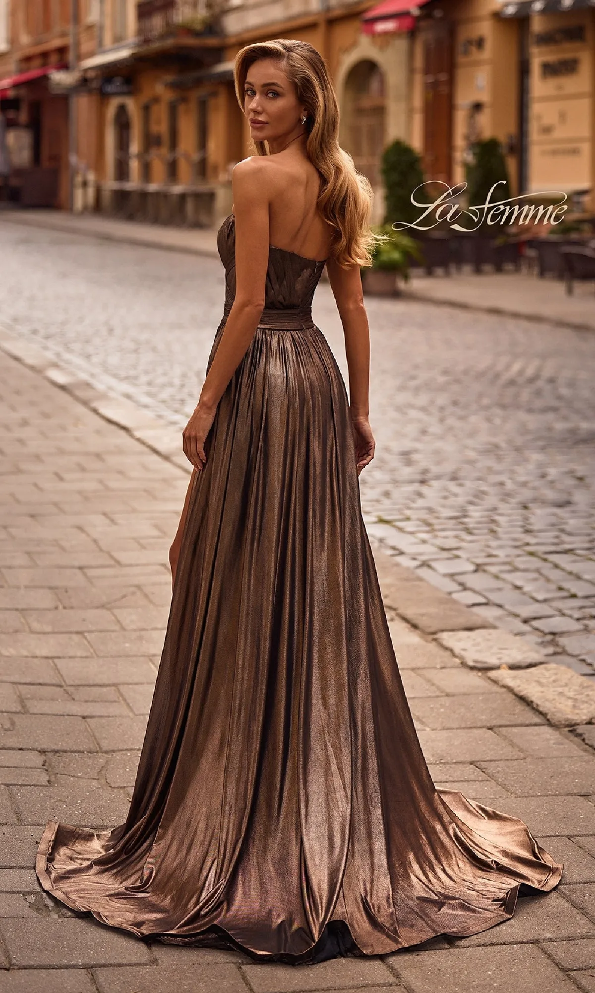 Strapless Long Metallic Prom Gown: La Femme 32988 sold by PromGirl product image thumbnail 2