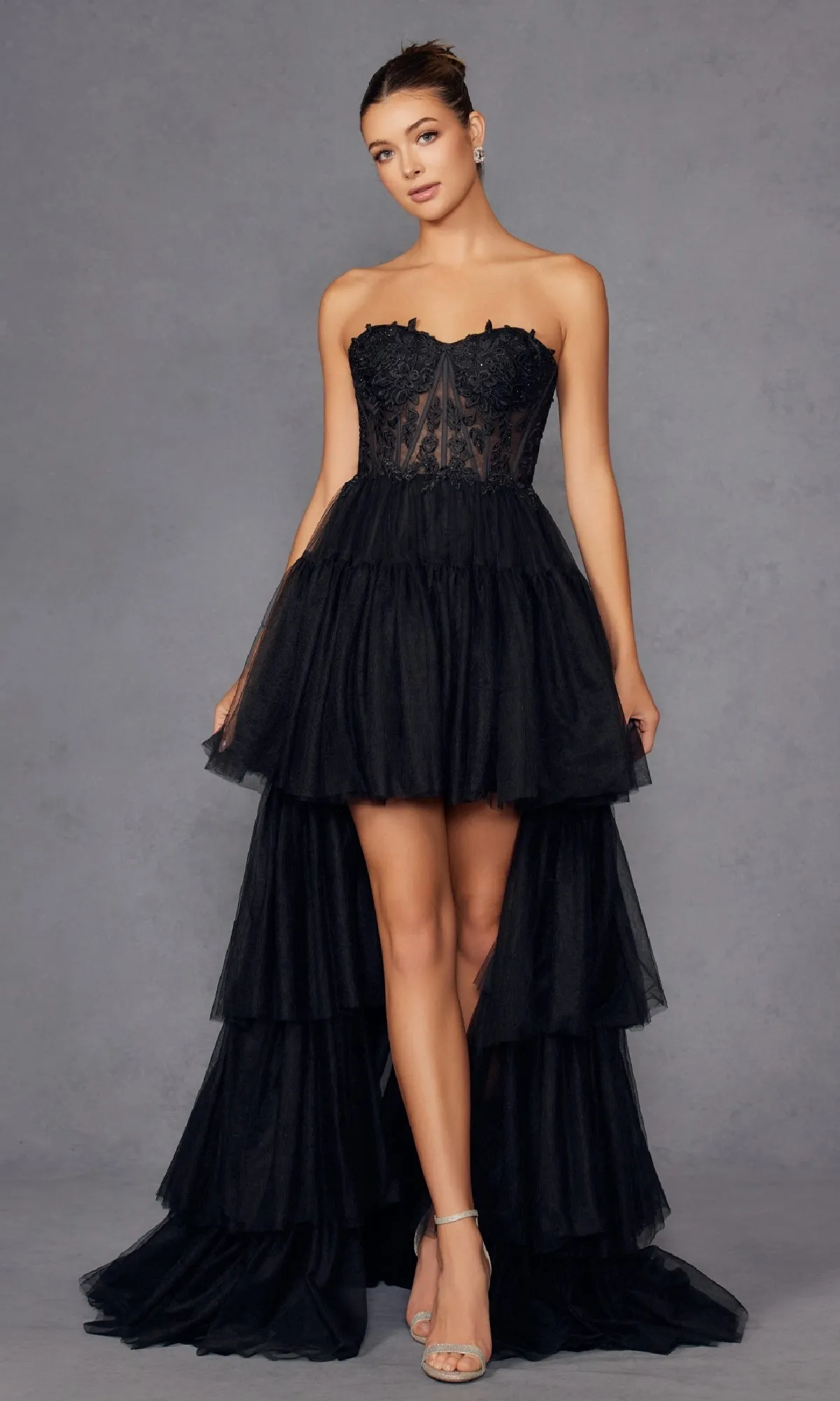 High-Low Strapless Prom Dress: Juliet JT2488S sold by PromGirl