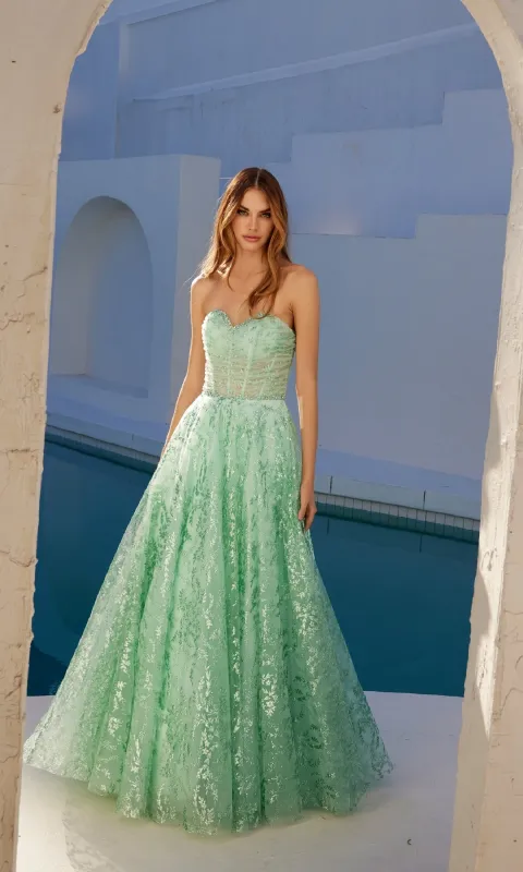 Strapless Glitter-Print Prom Gown: Juliet JT2547S sold by PromGirl