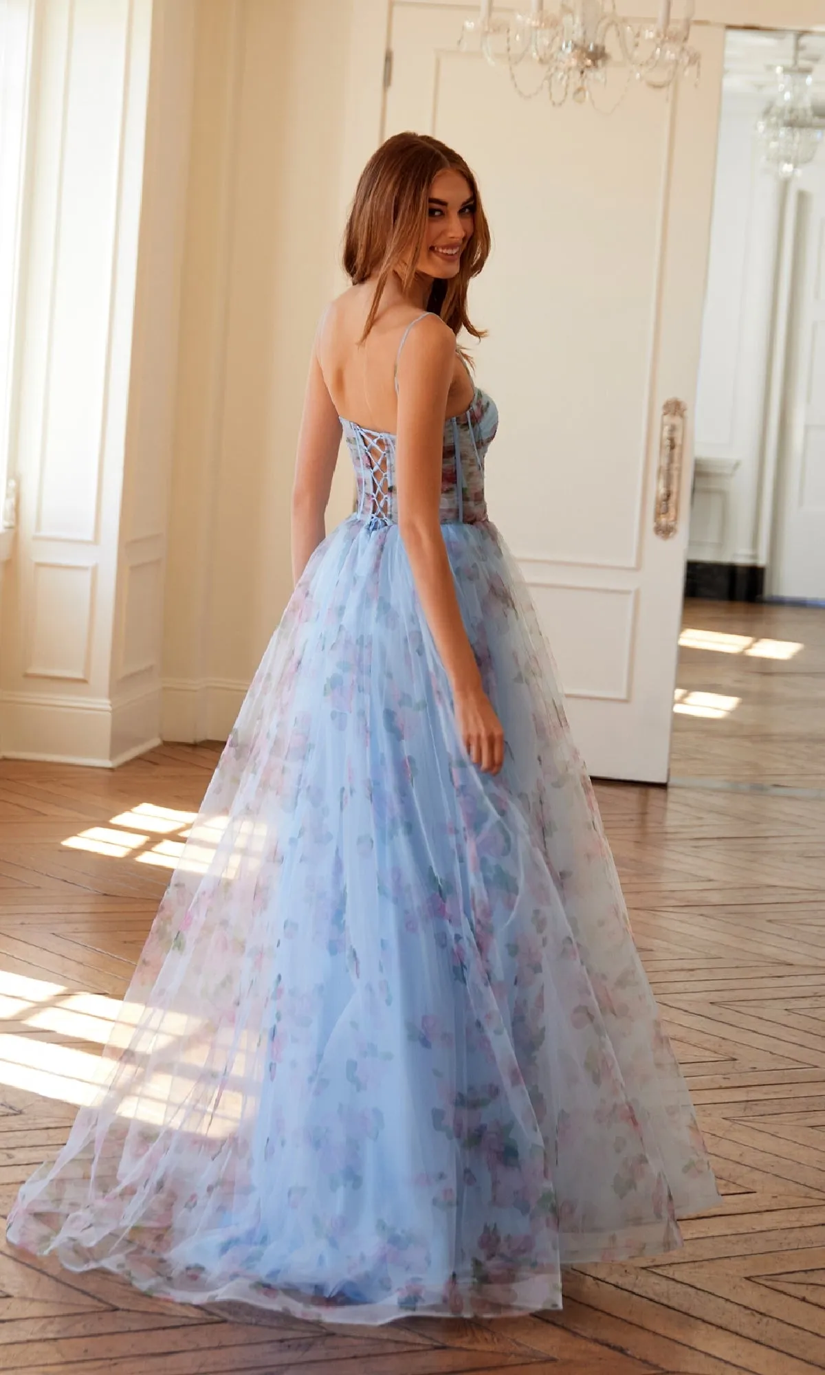 Strapless Blue Print Prom Gown: Juliet JT2562S sold by PromGirl product image thumbnail 3