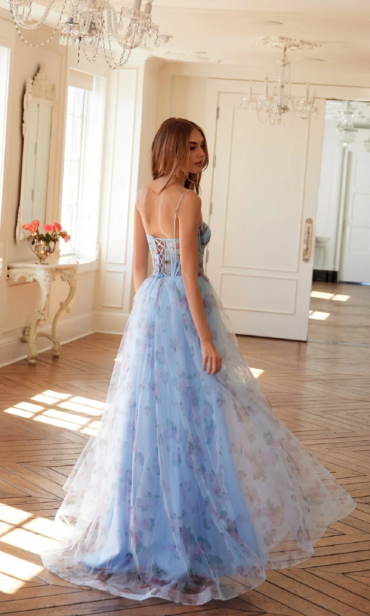 Strapless Blue Print Prom Gown: Juliet JT2562S sold by PromGirl product image thumbnail 2