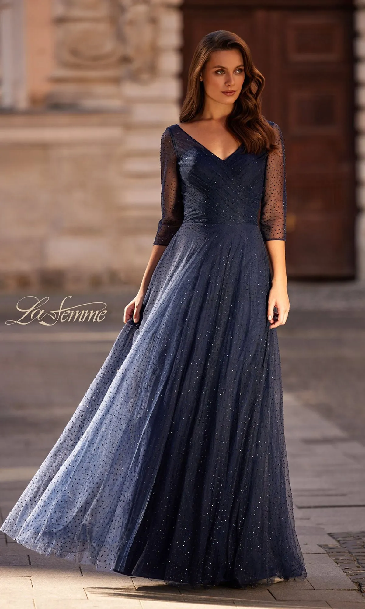 Sparkly Sleeved Tulle Formal Dress: La Femme 32460 sold by PromGirl