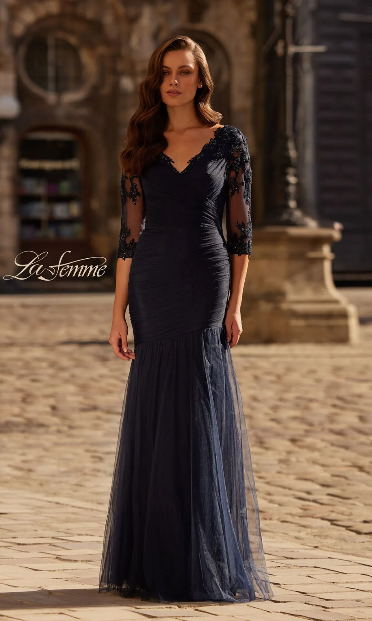 Sheer-Sleeve Formal Dress with Lace: La Femme 32610 sold by PromGirl