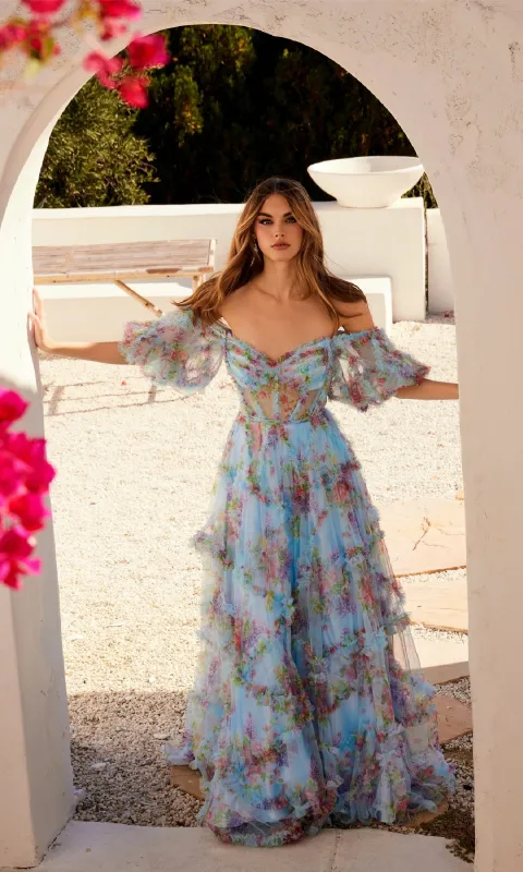 Off-Shoulder Long Print Prom Dress: Juliet JT2887C sold by PromGirl