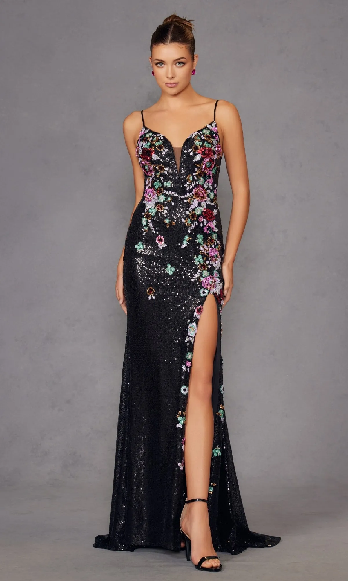 Long Black Sequin Floral Prom Gown: Juliet JT2909K sold by PromGirl product image thumbnail 5