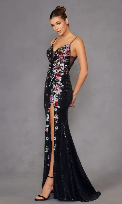 Long Black Sequin Floral Prom Gown: Juliet JT2909K sold by PromGirl