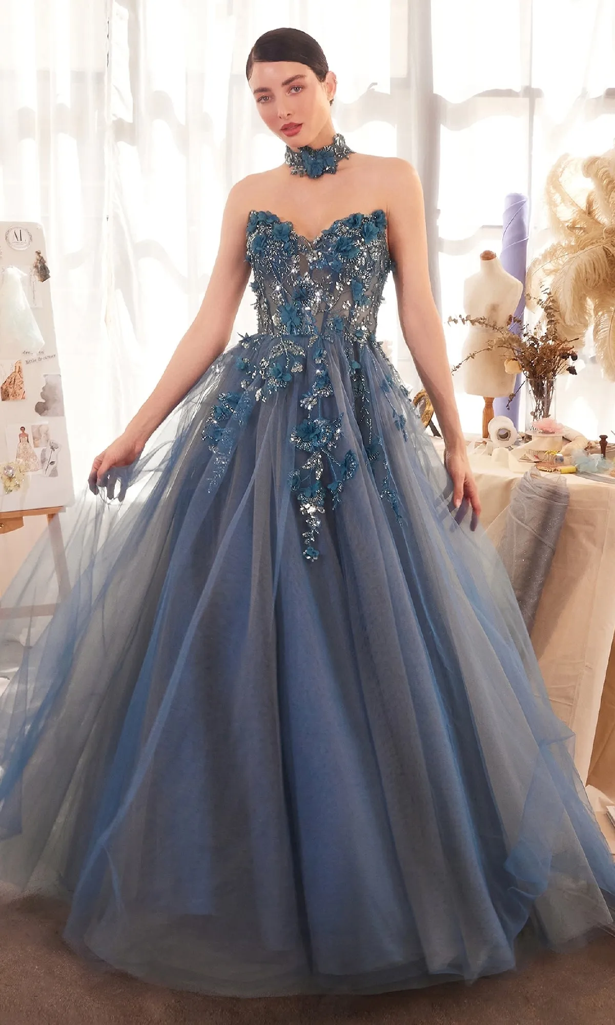 Strapless Floral Prom Gown: Andrea & Leo A1399 sold by PromGirl