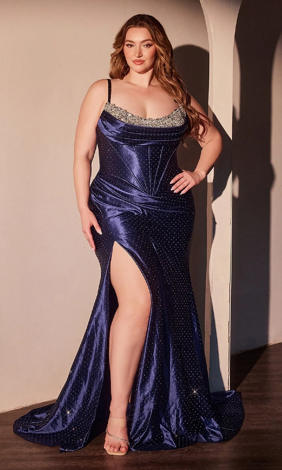 Plus-Size Long Satin Prom Dress: Ladivine CDS529C sold by PromGirl