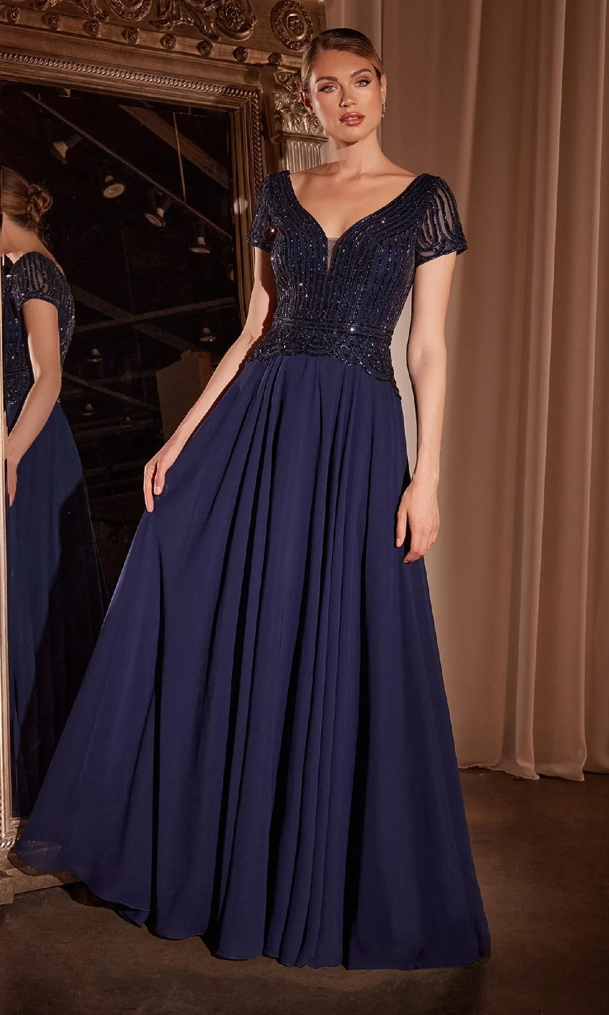 Long Flowy Navy Formal Dress: Ladivine CL07 sold by PromGirl