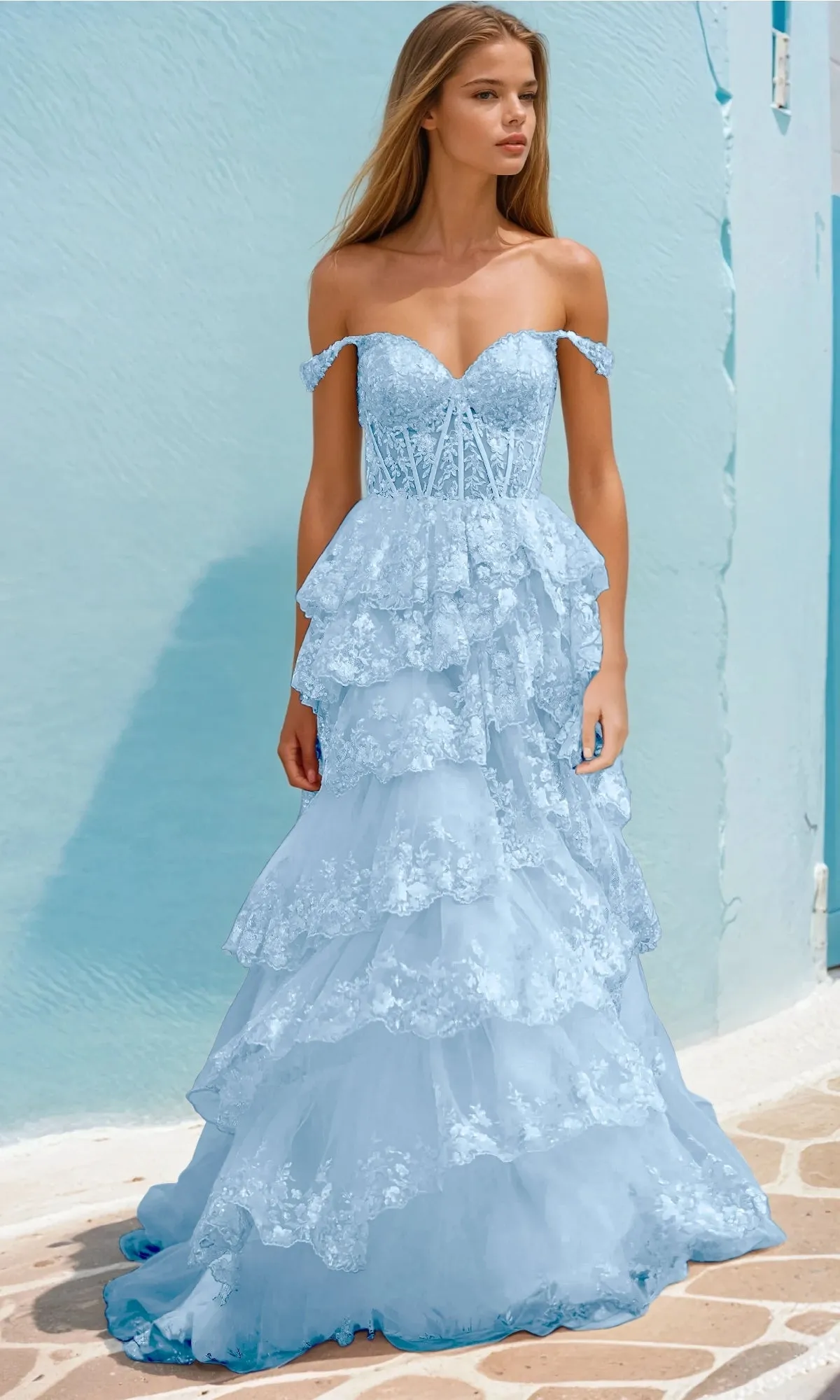A-Line Corset Lace Prom Dress: PromGirl Exclusive sold by PromGirl