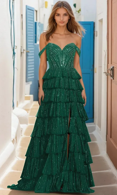 Off-Shoulder Tiered Prom Dress: PromGirl Exclusive sold by PromGirl