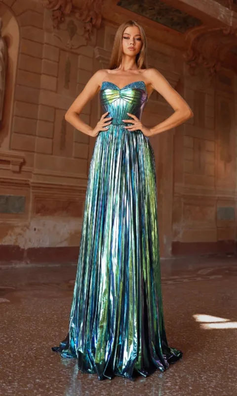 Strapless Pleated Metallic Prom Gown: Alyce 61786 sold by PromGirl