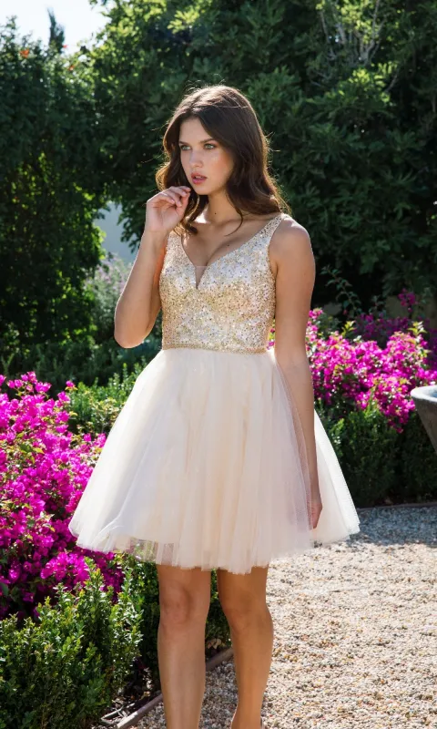Glitter-Bodice Short A-Line Hoco Dress: Eureka 9926 sold by PromGirl