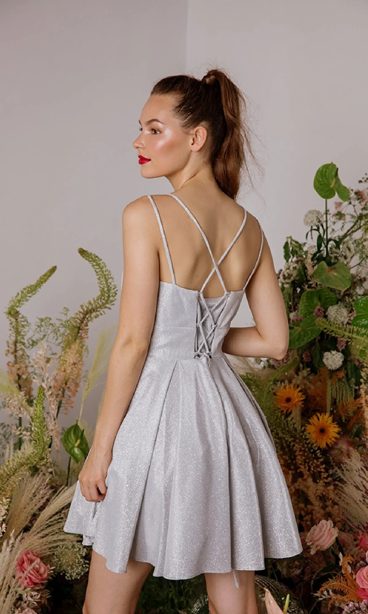 Lace-Up Short Glitter Hoco Dress: Eureka 9988 sold by PromGirl product image thumbnail 2