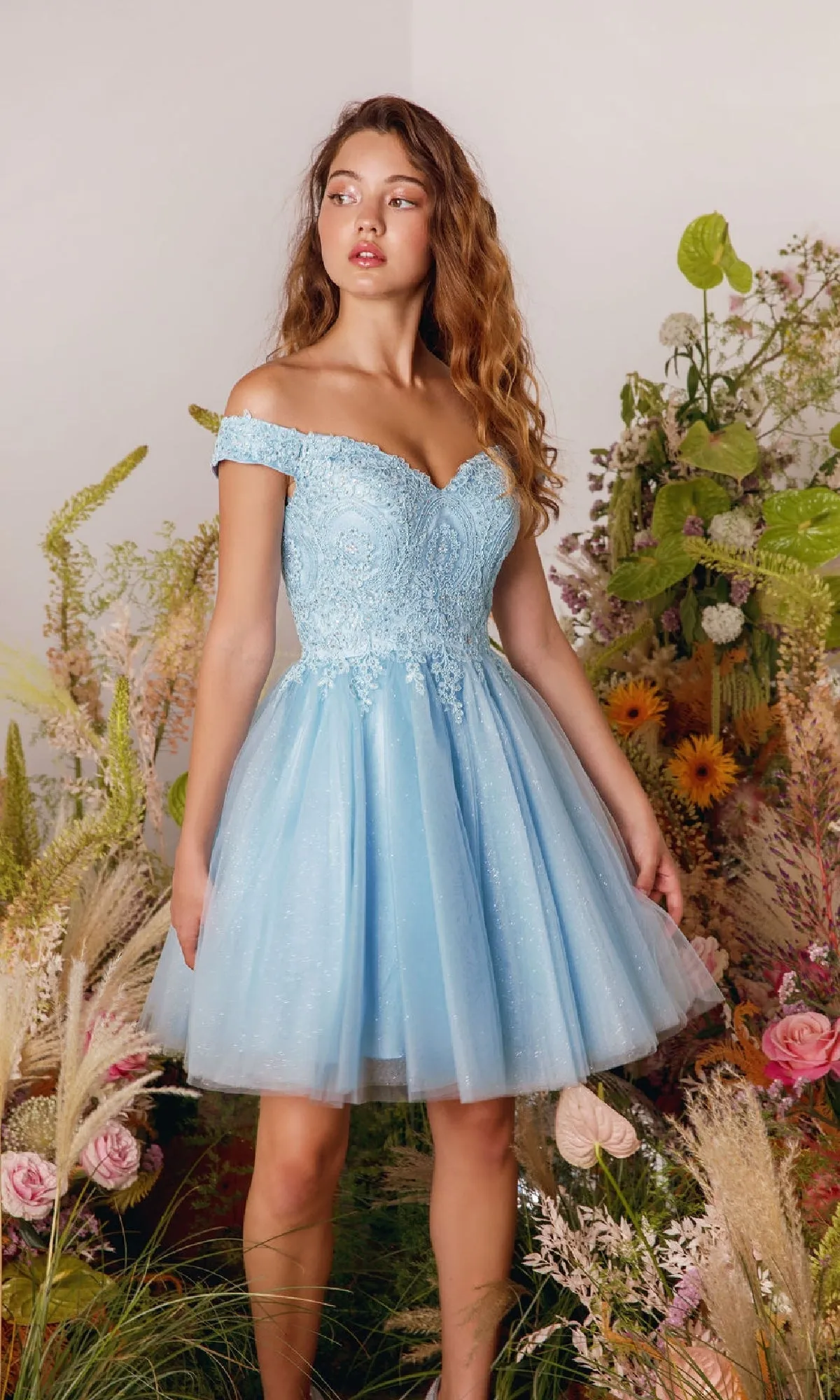 Off-the-Shoulder Short Hoco Dress: Eureka 9833 sold by PromGirl