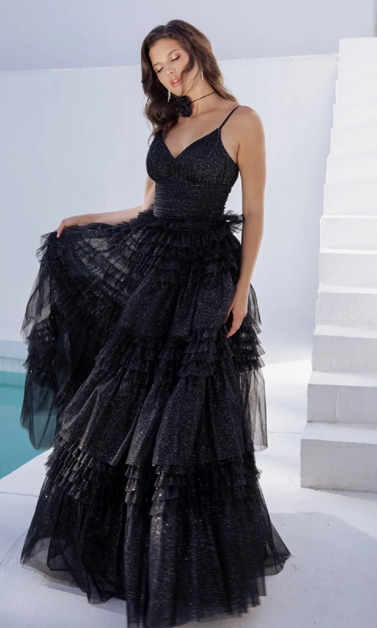 Lace-Up Long Glitter-Tulle Prom Dress: Eureka 9888 sold by PromGirl