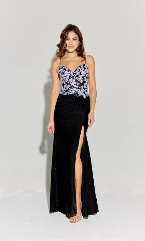 Floral-Bodice Long Glitter Prom Dress: Eureka 9969 sold by PromGirl