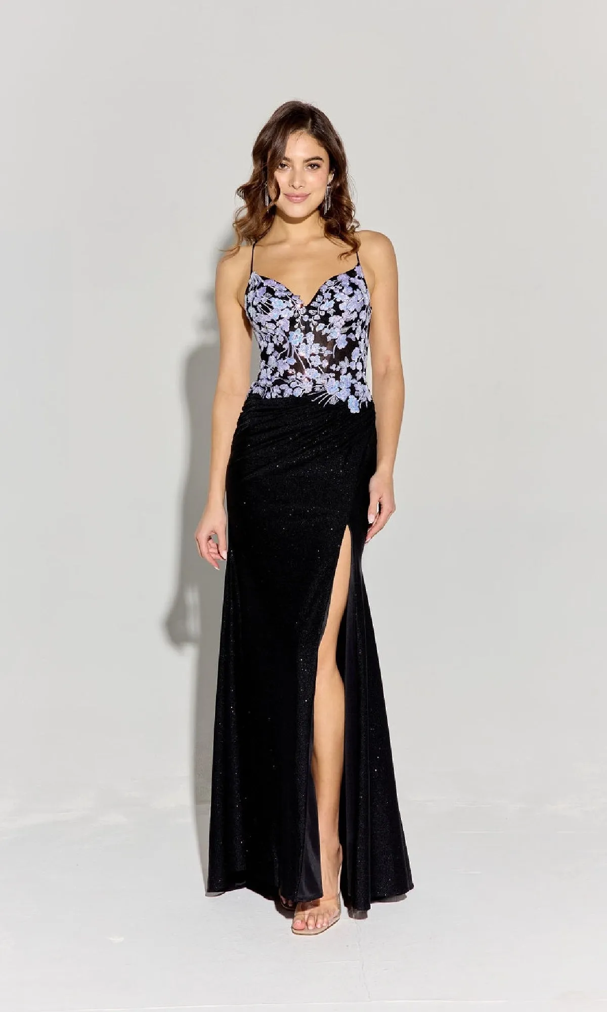 Floral-Bodice Long Glitter Prom Dress: Eureka 9969 sold by PromGirl