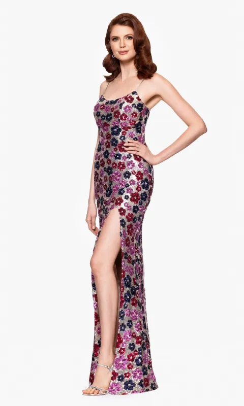Floral-Sequin Long Prom Dress: Betsy & Adam A27017 sold by PromGirl
