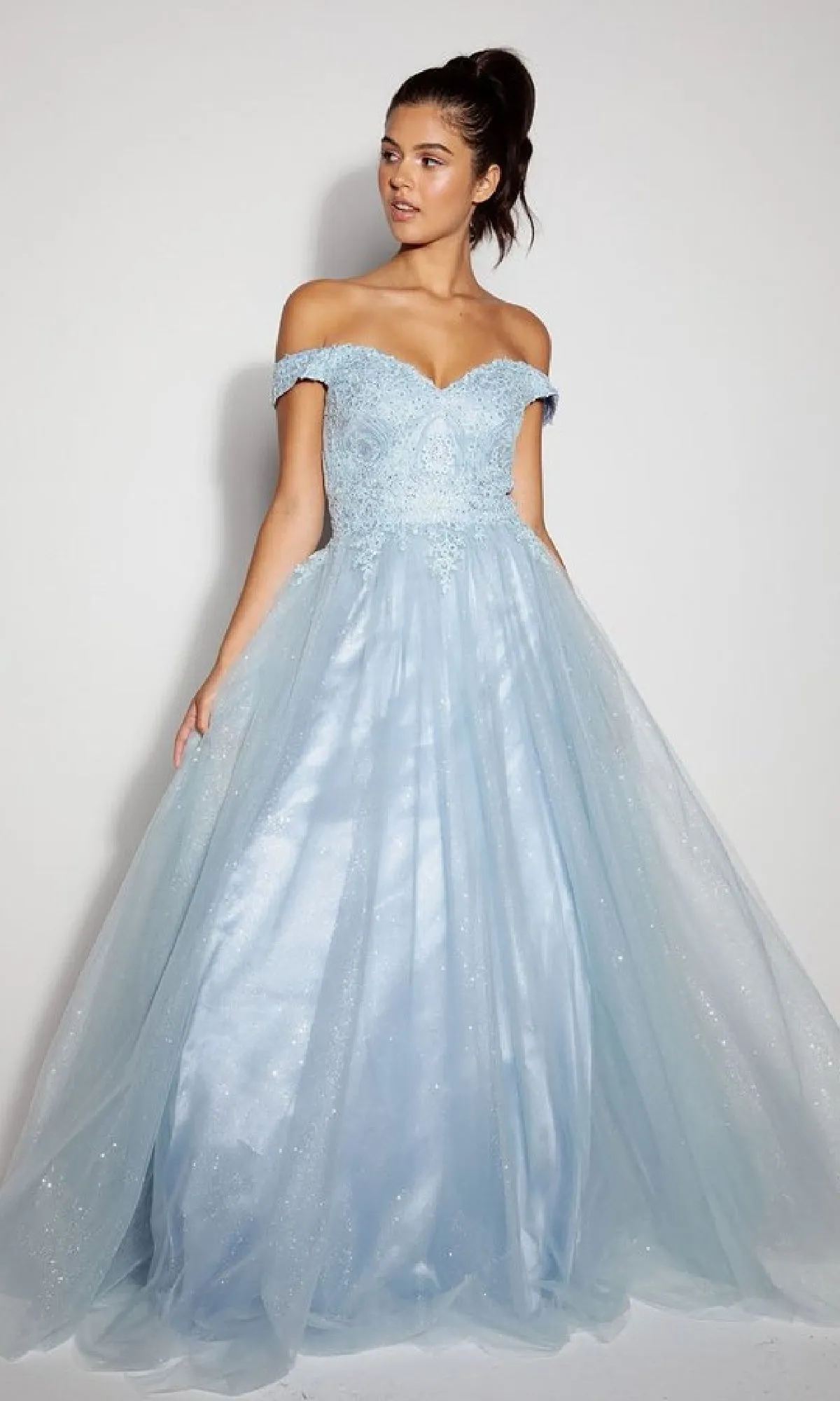 Off-Shoulder Glitter Prom Ball Gown: Eureka 9899 sold by PromGirl