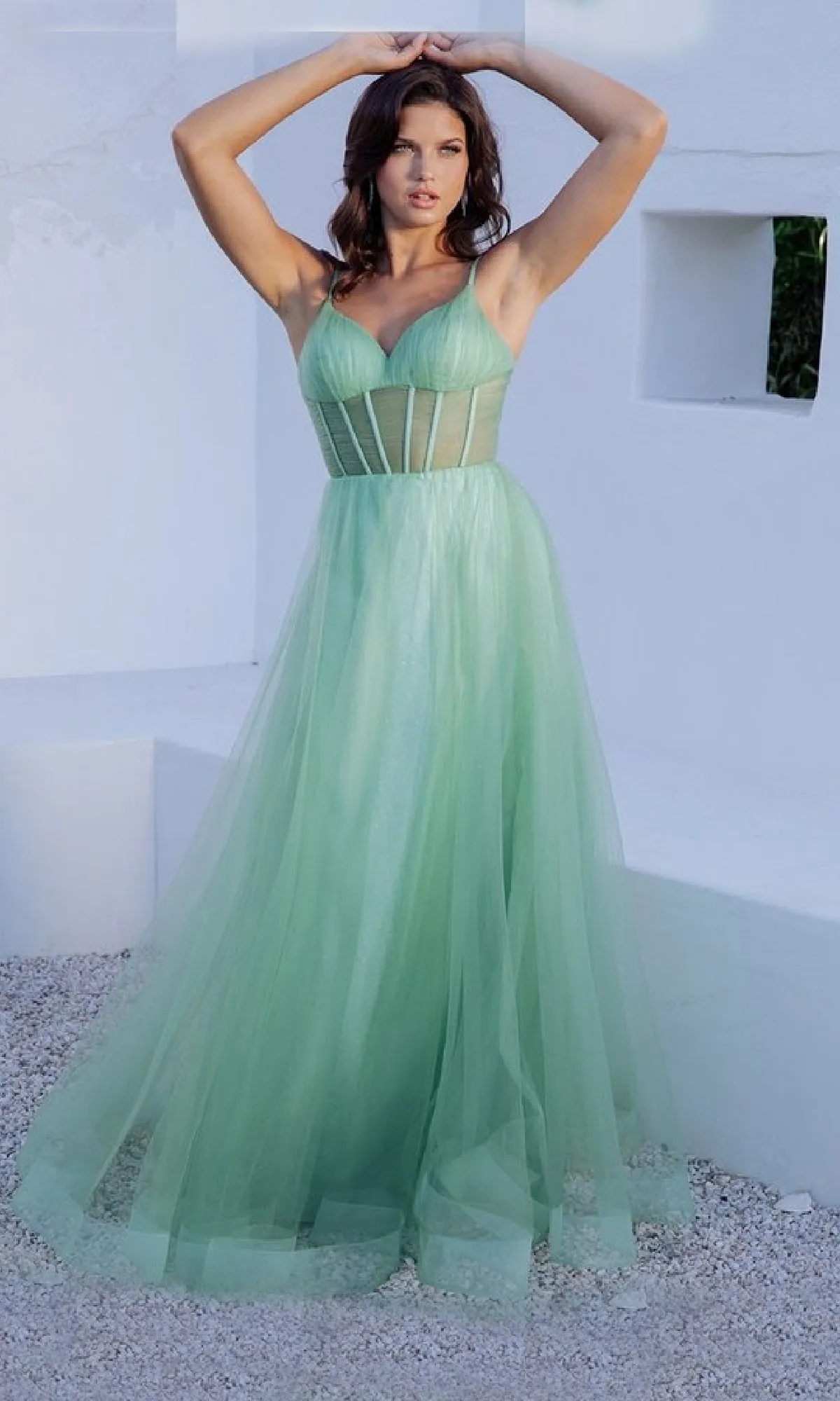 Sheer-Corset Long Sage Prom Dress: Eureka 9199 sold by PromGirl product image thumbnail 3