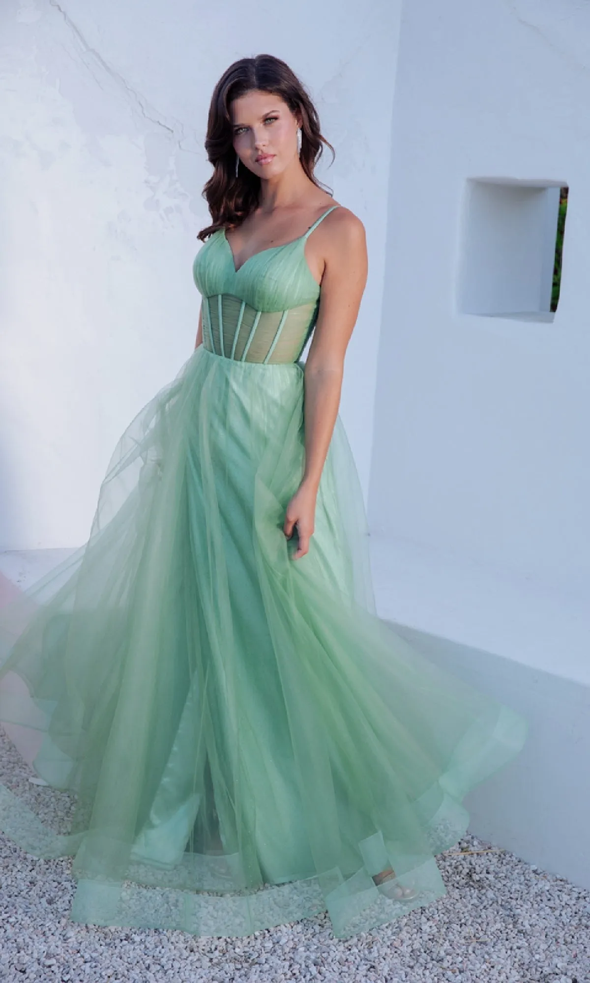 Sheer-Corset Long Sage Prom Dress: Eureka 9199 sold by PromGirl