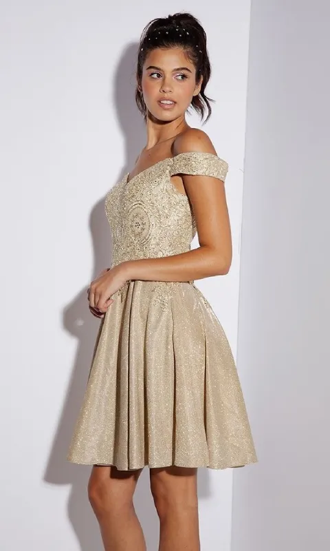 Off-Shoulder Short Glitter Hoco Dress: Eureka 9366 sold by PromGirl