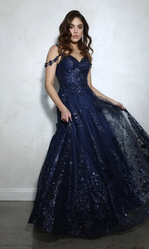 Long Glitter-Tuller A-Line Prom Dress: Eureka 9980 sold by PromGirl