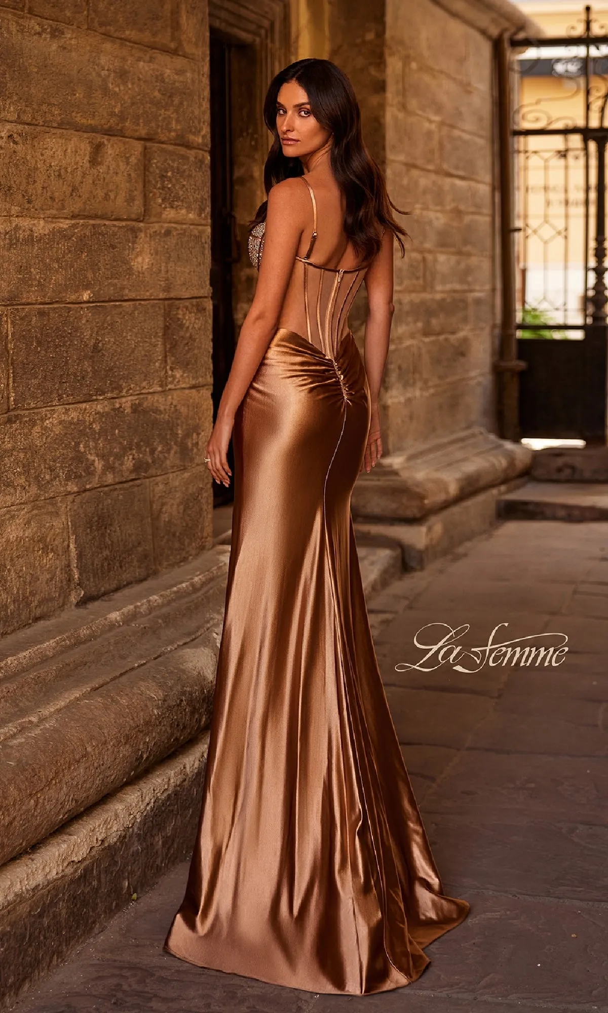 Long Satin Corset Prom Dress: La Femme 32691 sold by PromGirl product image thumbnail 2