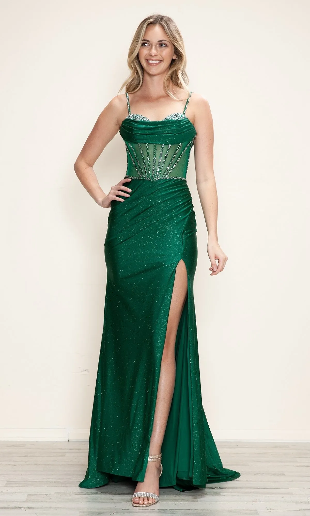 Sheer Beaded-Corset Long Prom Dress: Poly USA 9750 sold by PromGirl product image thumbnail 4