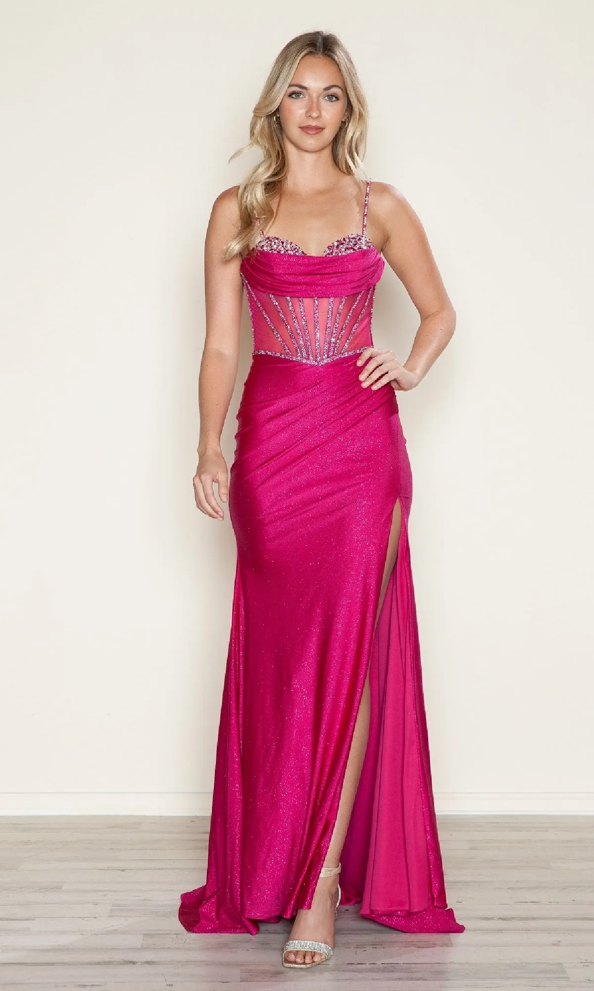 Sheer Beaded-Corset Long Prom Dress: Poly USA 9750 sold by PromGirl product image thumbnail 5