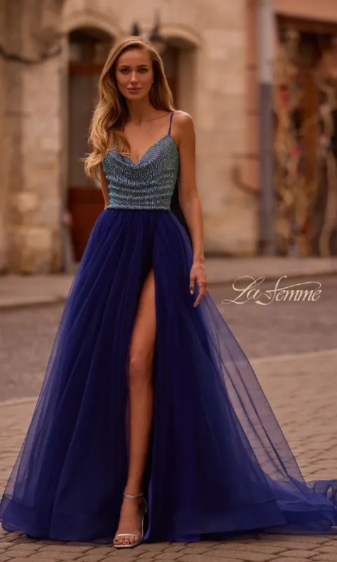 Cowl-Neck Long Indigo Prom Dress: La Femme 32838 sold by PromGirl
