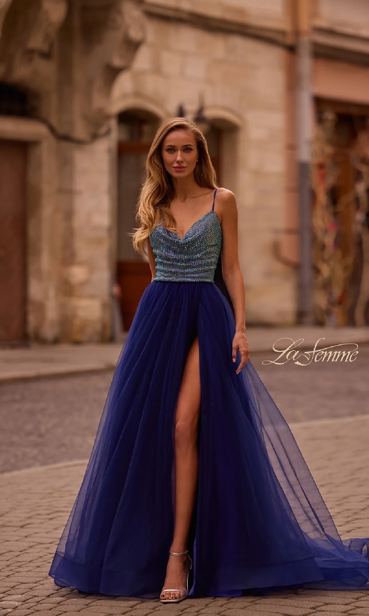 Cowl-Neck Long Indigo Prom Dress: La Femme 32838 sold by PromGirl product image thumbnail 5