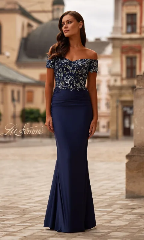 Sequin-Bodice Long Navy Prom Dress: La Femme 32739 sold by PromGirl