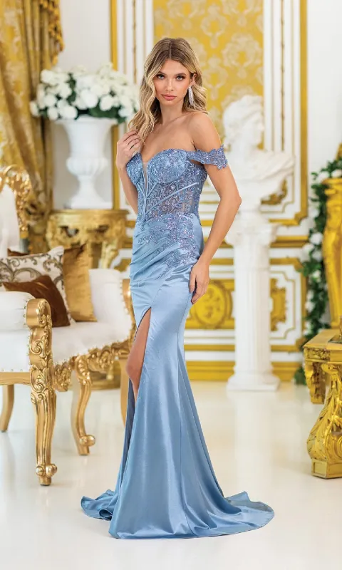 Long Off-the-Shoulder Prom Dress: Dancing Queen 4528 sold by PromGirl