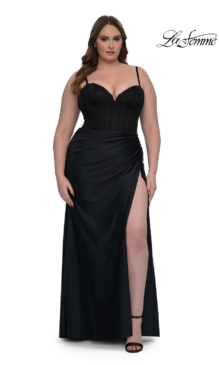 Plus-Size Long Corset Prom Dress: La Femme 32449 sold by PromGirl