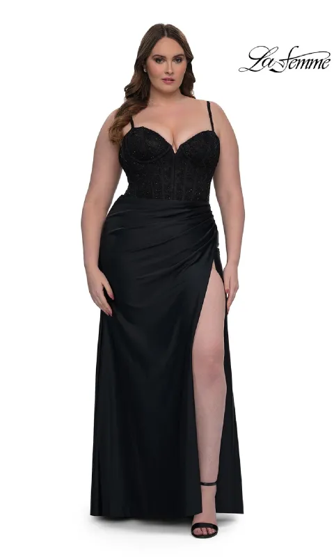 Plus-Size Long Corset Prom Dress: La Femme 32449 sold by PromGirl
